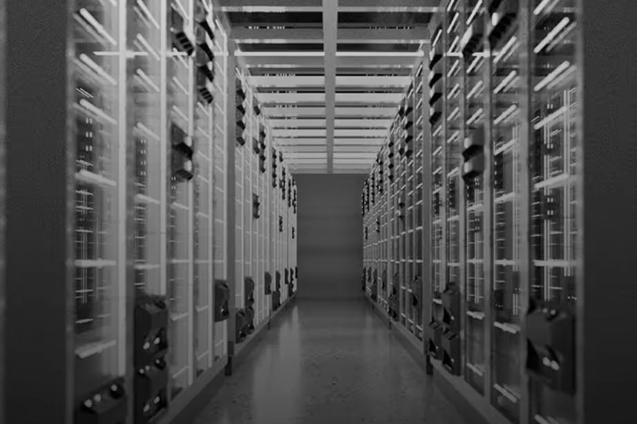 A symmetrical, softly lit aisle of power and server cabinets in a data center